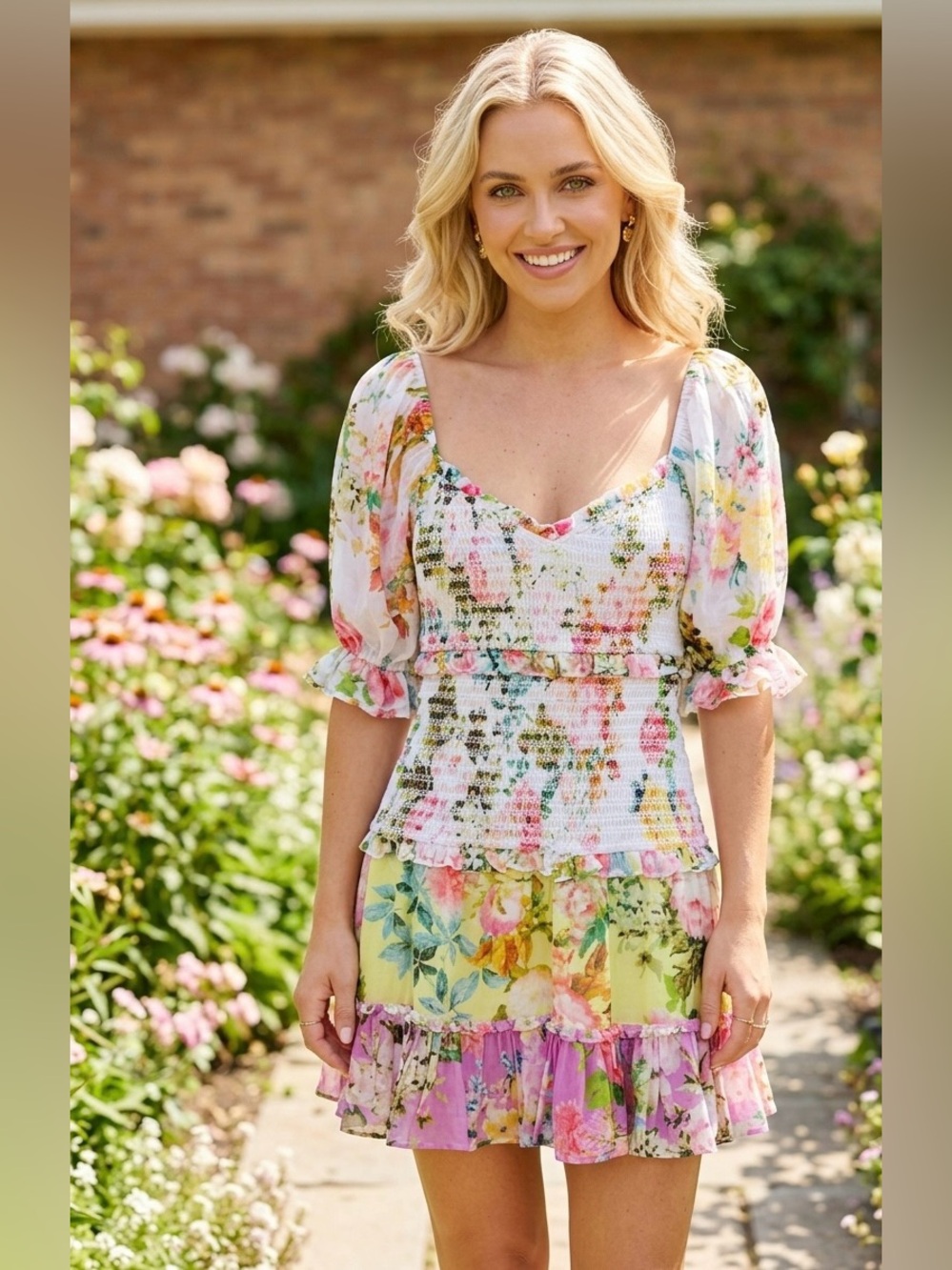 Hemant & Nandita Floral Smocked Mini Dress S Cottagecore Boho - Picture 3 of 15